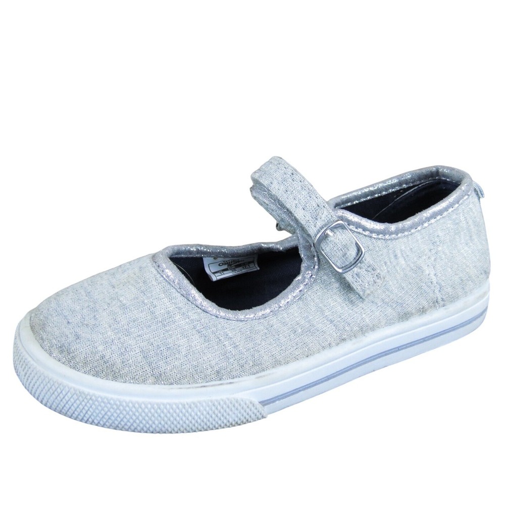 OshKosh B'gosh Girls Mary‎ Jane  Sz T 11 Medium Silver Fabric Hook & Loop